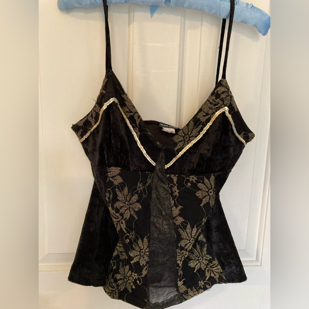 Gorgeous Wet Seal Black Velour Gold Lace Cami, XL